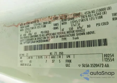 2019 Ford F-250 Xl z USA, uszkodzony, nr VIN 1FTBF2A61KEE04467